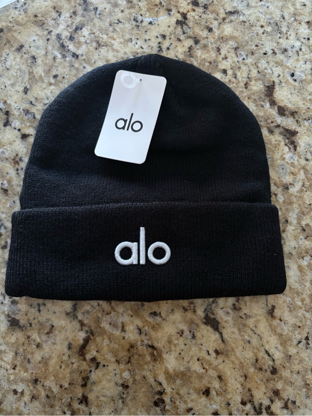 Alo Black Knit Beanie with White Logo